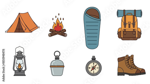 Camping and outdoor adventure icons set: Tent, campfire, sleeping bag, backpack and other items