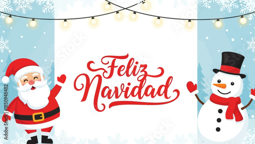 Santa Claus and snowman with Feliz Navidad text on winter background vector
