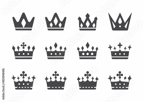 Collection of various black crown icons displayed in a grid arrangement