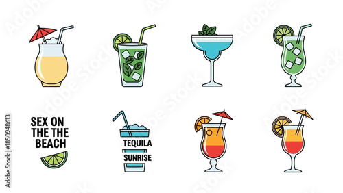 Colorful cocktail illustration featuring popular drinks like mojito sex on the beach and tequila