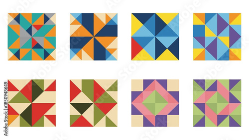 Geometric patchwork quilt design with diverse color palettes offering creative versatility