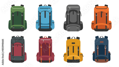 Collection of various colorful hiking and trekking backpacks on a white background