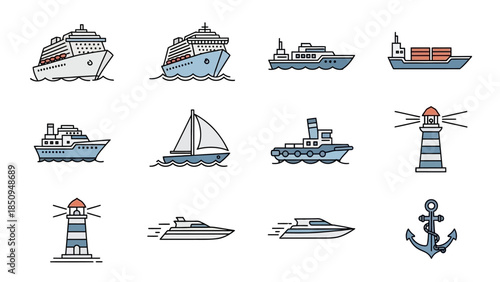 Illustration collection of boats ships and nautical elements isolated on white surface with