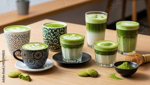 Delicious matcha green tea drinks with latte art on wooden table with powder and sweets
