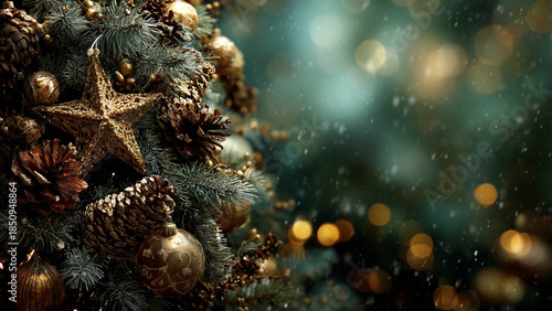 Close up Christmas tree decorations with star ornament