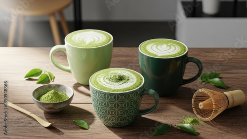 Three matcha green tea lattes in ceramic mugs on wooden table with powder and leaves scattered around