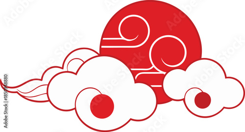 Traditional oriental stylized red sun with white clouds vector art.