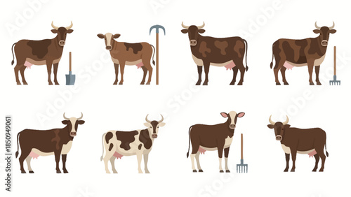 Collection of illustrated cows standing alongside farm implements for diverse use cases