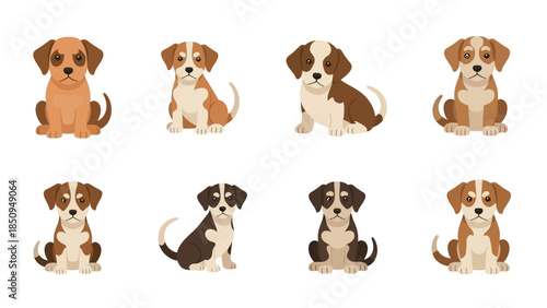 Cute Cartoon Puppy Dogs Sitting, Vector Illustration Isolated on White Background