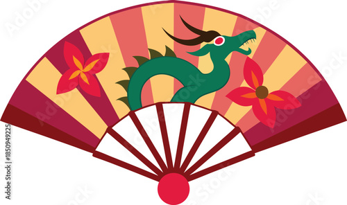 Stylized oriental folding fan with green dragon and red flowers