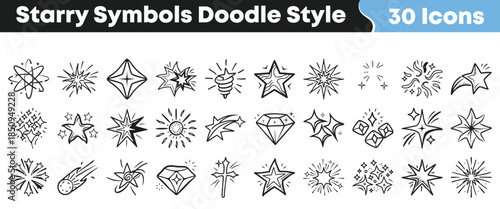 Thirty doodle style starry symbols including various star shapes diamond bursts sparkles and celestial elements on transparent background