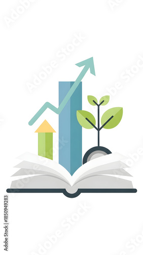 Open book with growing graph and plant.
