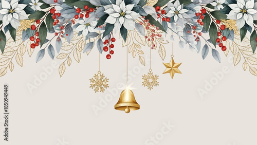 Christmas decorations with white poinsettias, red berries, and gold ornaments on cream background vector