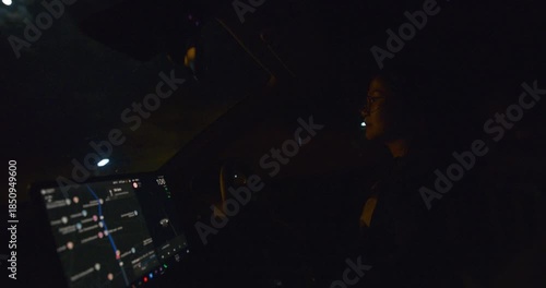 Business woman drive car navigator at night transport technology
