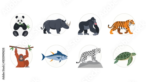 Diverse wildlife illustrations collection featuring mammals fish and a turtle in a cartoon style