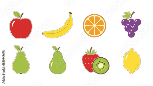 Illustration of various fruits including apple banana orange grapes pear strawberry kiwi and lemon