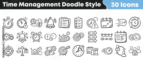 Collection of thirty hand drawn doodle style icons representing various concepts related to time management planning and deadlines on transparent background