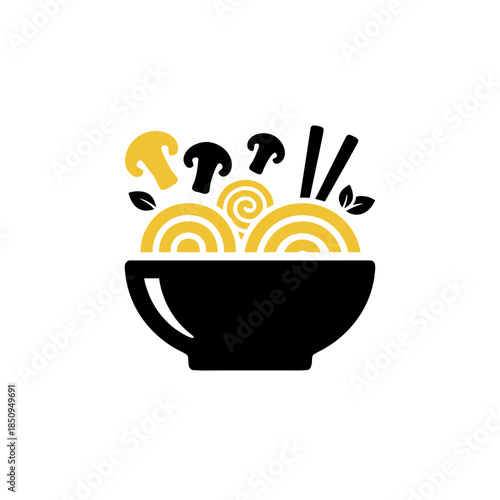 Delicious bowl of ramen noodles with mushrooms and chopsticks, vibrant and inviting food illustration