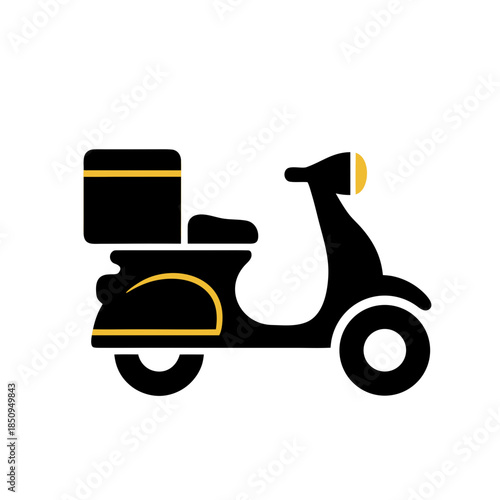 Stylized black and yellow delivery scooter icon representing fast and efficient urban transportation for package and food delivery services with a vintage touch