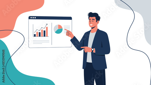 business analyst presenting data analytics and growth charts in a modern digital environment