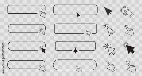 Set line frame border with arrow, mouse pointer, Button click here, action for web, simple ui ux design element. Press, search box.
