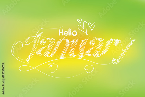 Hello January hand lettering, Graffiti style drawing. paint brush writing hello January, January welcome quote with leaves, Hello January design for cards, banners, posters.eps