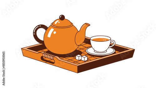 Elegant orange teapot and white cup of hot tea with sugar cubes on wooden serving tray isometric flat illustration