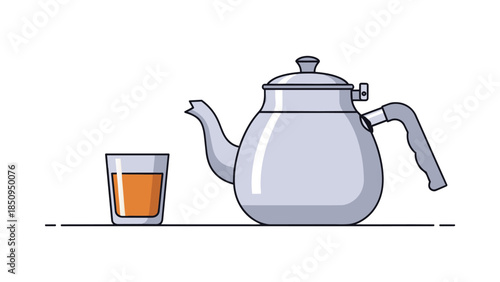 Traditional indian chai kettle with handle and single glass of orange liquid resting on line flat design illustration isolated