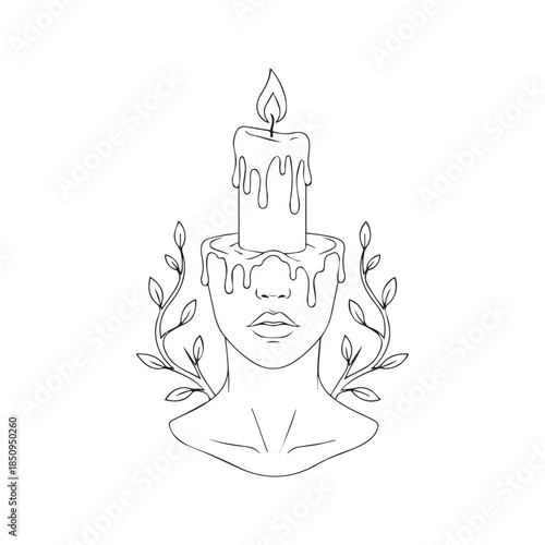 Surreal Hand Drawn Illustration of a Human Bust with a Melting Candle Head and Dripping Wax with Leaves
