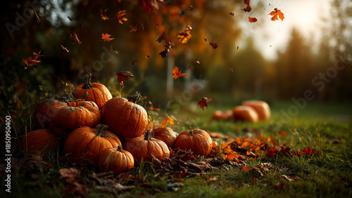 Close up pumpkins with autumn foliage and copy space