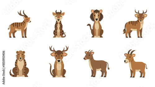 Collection of cute cartoon animal vector illustrations with deer and goat variations isolated on