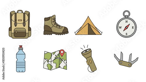Icons of essential hiking and camping gear ready for outdoor adventures exploration