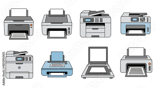 Illustration of various printer designs, perfect for office technology concepts and designs and