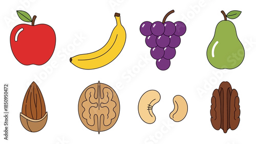 Collection of colorful fruit and nuts illustrations for healthy eating concept
