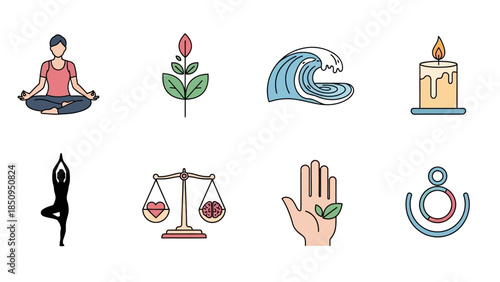 Collection of illustrations about wellness and balance with yoga and nature elements