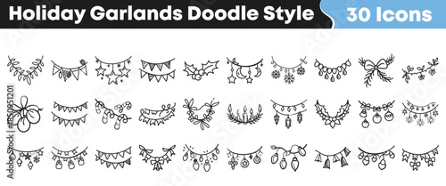Collection of thirty charming hand drawn holiday garland icons perfect for festive seasonal decoration projects on transparent background