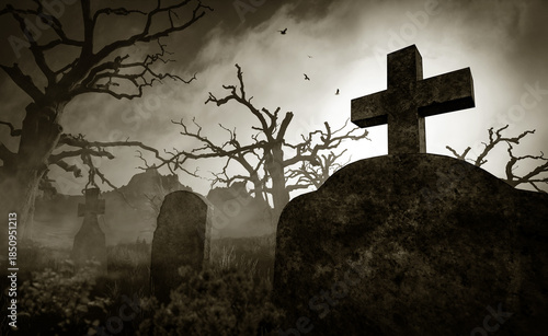 Wallpaper Mural sunrise in the morning through dense fog in a cemetary, 3D animation
 Torontodigital.ca