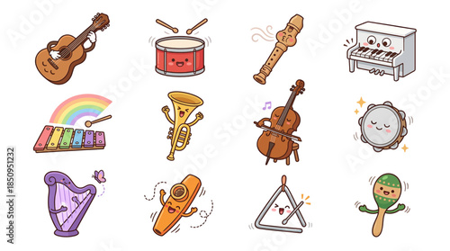A collection of cute cartoon musical instruments with faces, including guitar, drum, piano, xylophone, trumpet, cello, harp, and maraca.