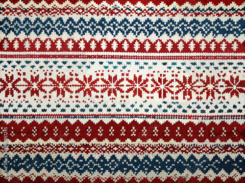 Close up of a knitted fabric with repeating red white and blue geometric patterns