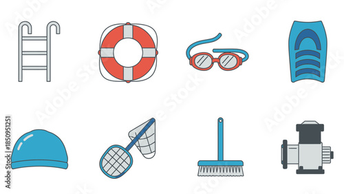 Collection of Swimming Pool Accessories and Equipment in Vector Illustration Style