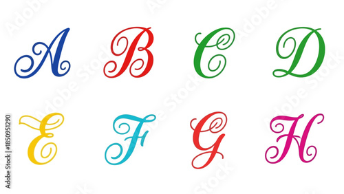 Elegant colorful calligraphy alphabet letters from a to h on a white background