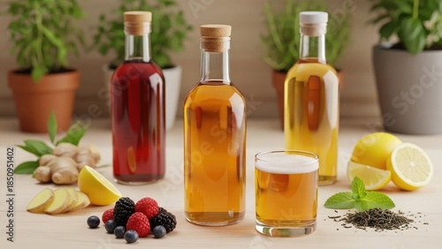 Bottles of homemade kombucha tea with ingredients on a kitchen countertop