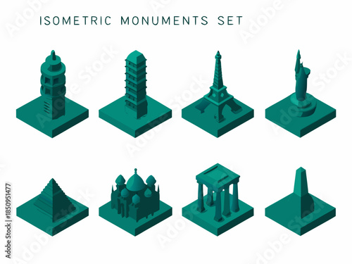 Isometric world landmarks a teal colored set of famous monuments