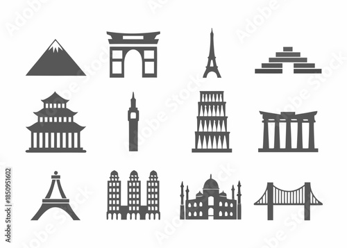 Iconic world landmarks represented in simple black and white silhouettes