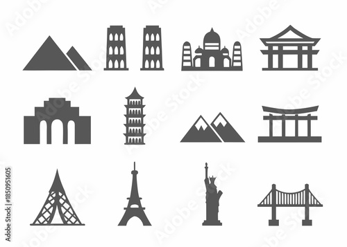 Collection of iconic world landmarks and architectural building silhouettes
