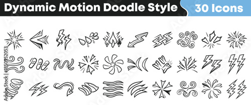 Collection of thirty hand drawn dynamic motion doodle style icons representing weather energy forces and abstract bursts on transparent background