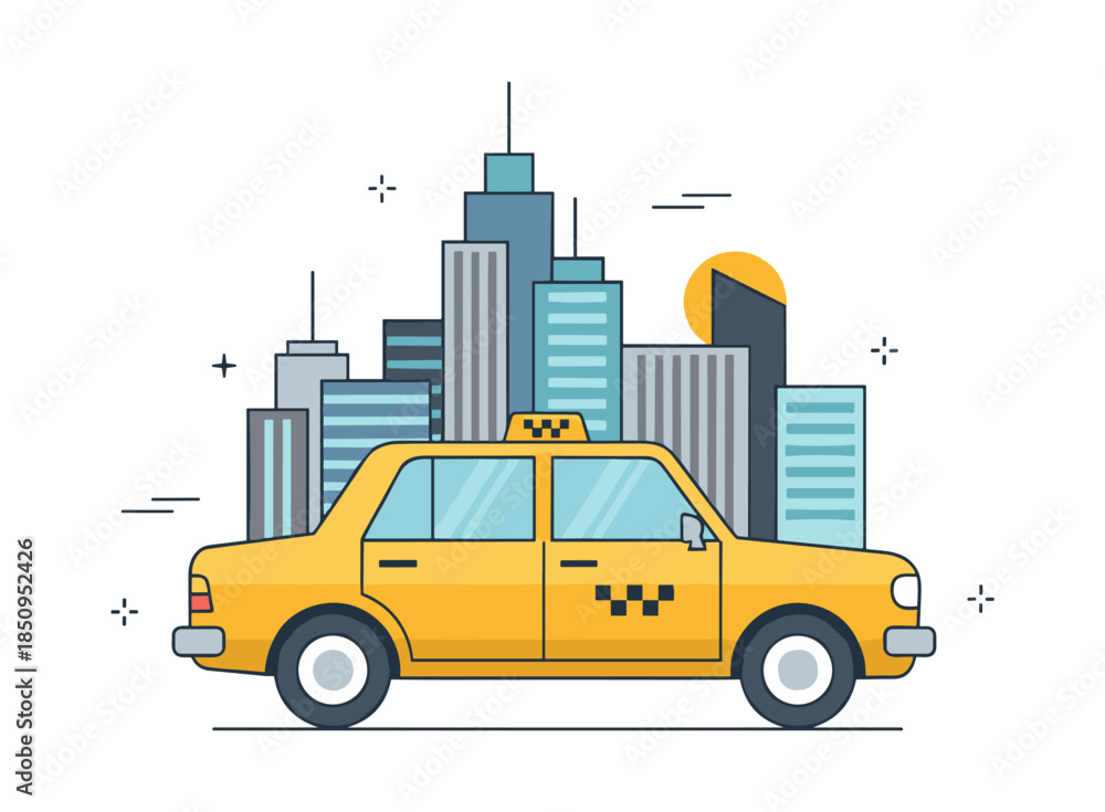 Naklejka premium Yellow taxi car driving through city buildings