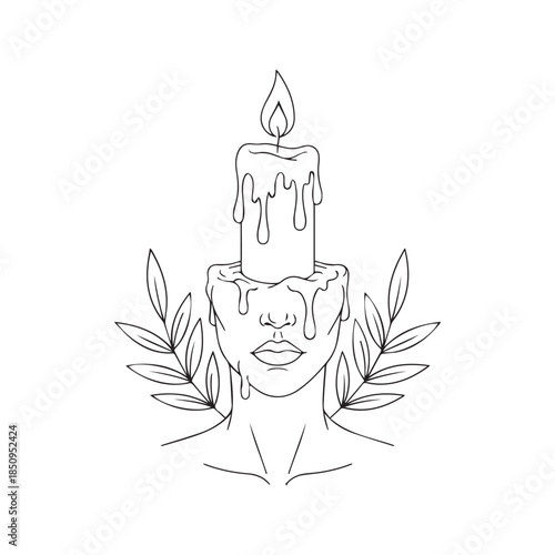 Surreal Hand Drawn Illustration of a Human Bust with a Melting Candle Head and Dripping Wax with Leaves

