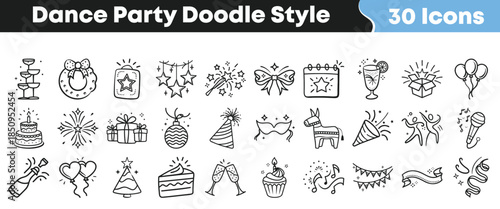 Collection of thirty hand drawn doodle style icons representing various celebration birthday and dance party elements on transparent background