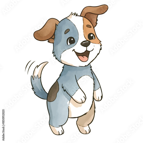Cute cartoon puppy with a fluffy tail plays happily with a small rabbit and cat on a white background